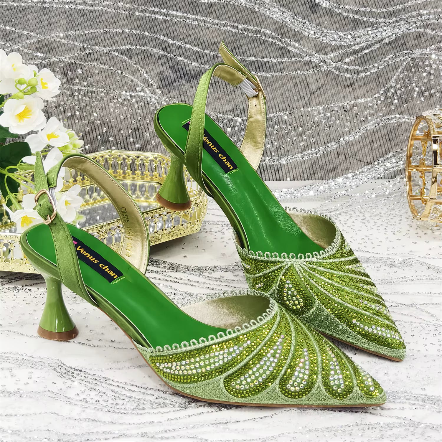 Diamond Studded Pointed Toe Party High Heels Gorgeous Shoes and Bag