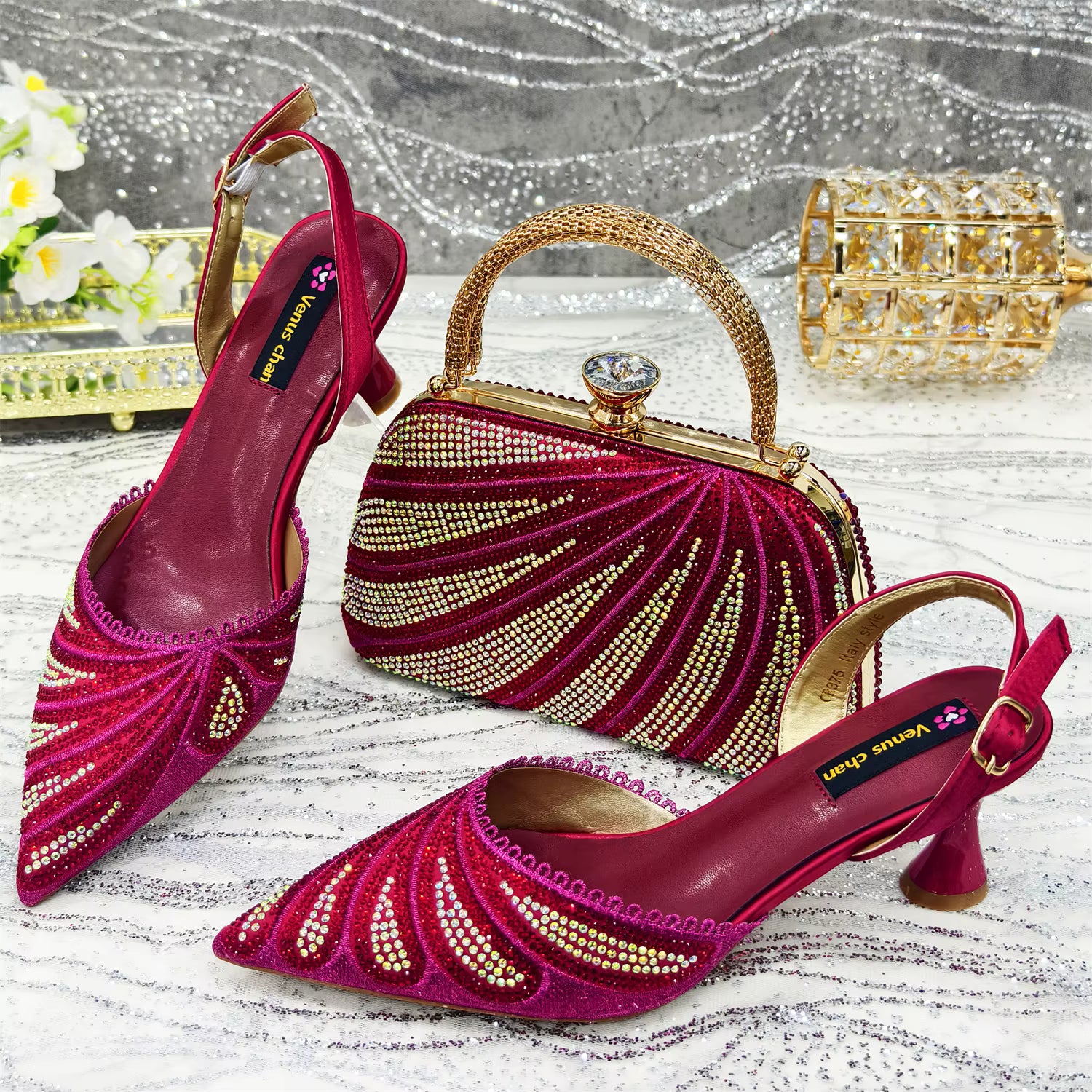 Diamond Studded Pointed Toe Party High Heels Gorgeous Shoes and Bag