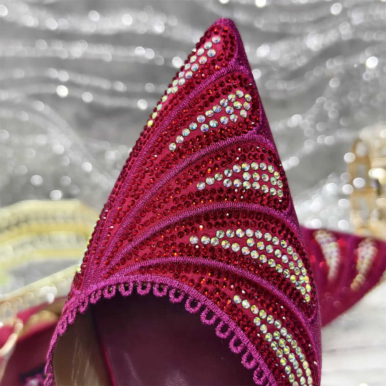 Diamond Studded Pointed Toe Party High Heels Gorgeous Shoes and Bag
