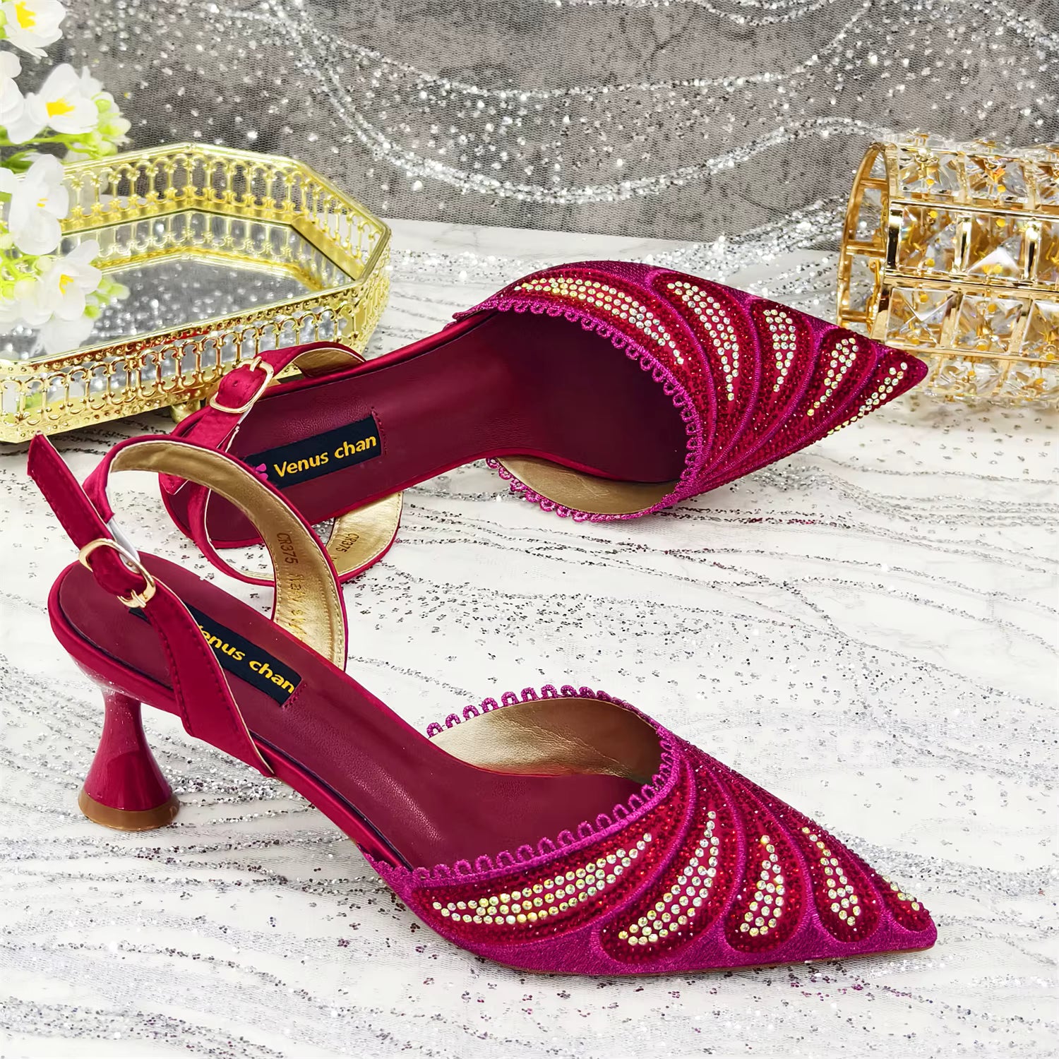 Diamond Studded Pointed Toe Party High Heels Gorgeous Shoes and Bag