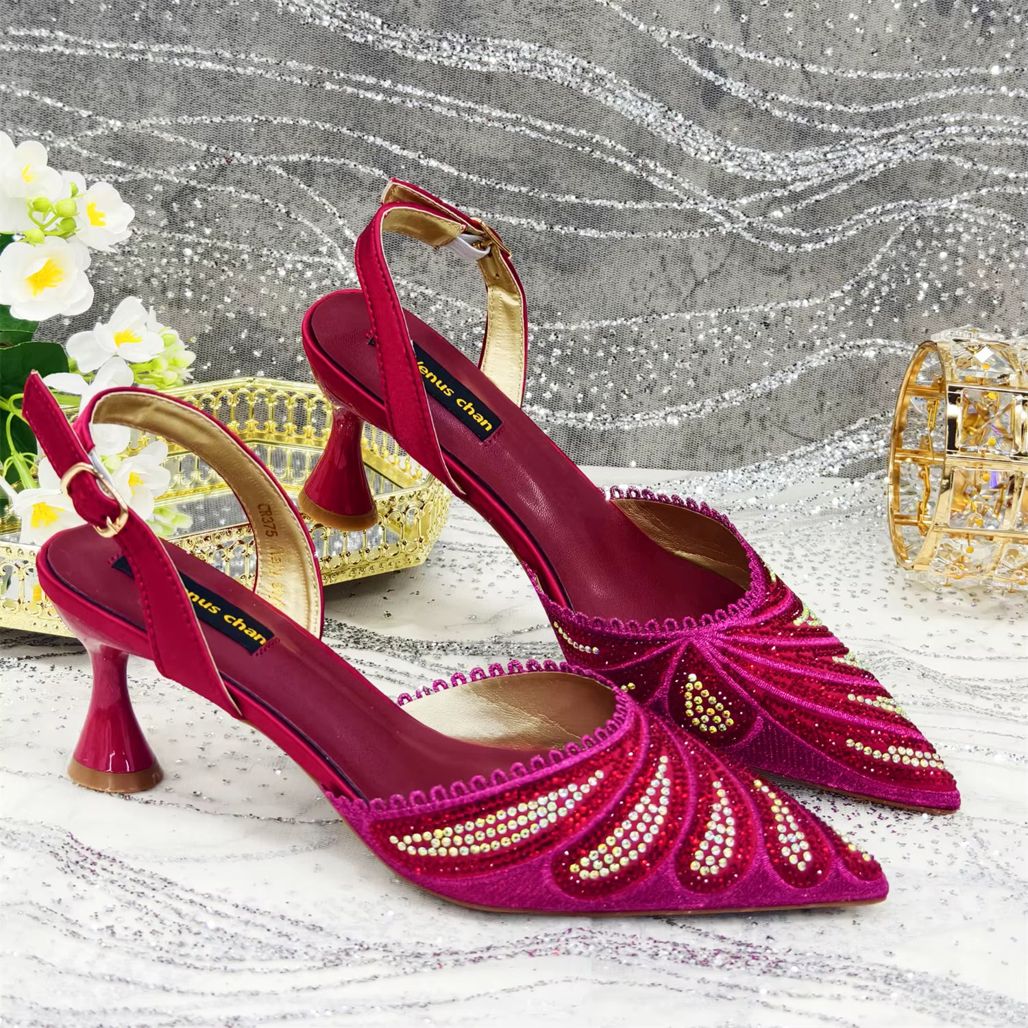 Diamond Studded Pointed Toe Party High Heels Gorgeous Shoes and Bag