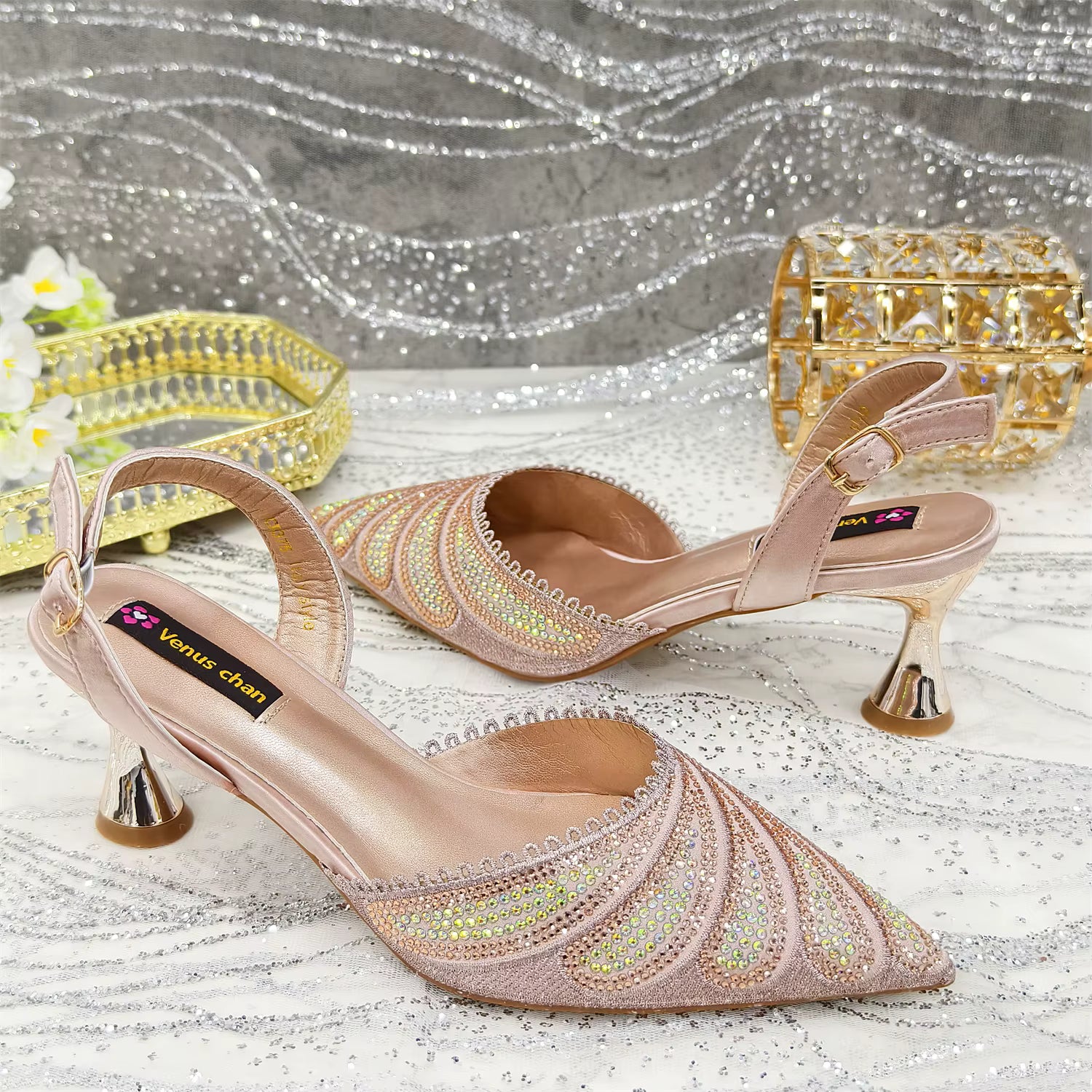 Diamond Studded Pointed Toe Party High Heels Gorgeous Shoes and Bag