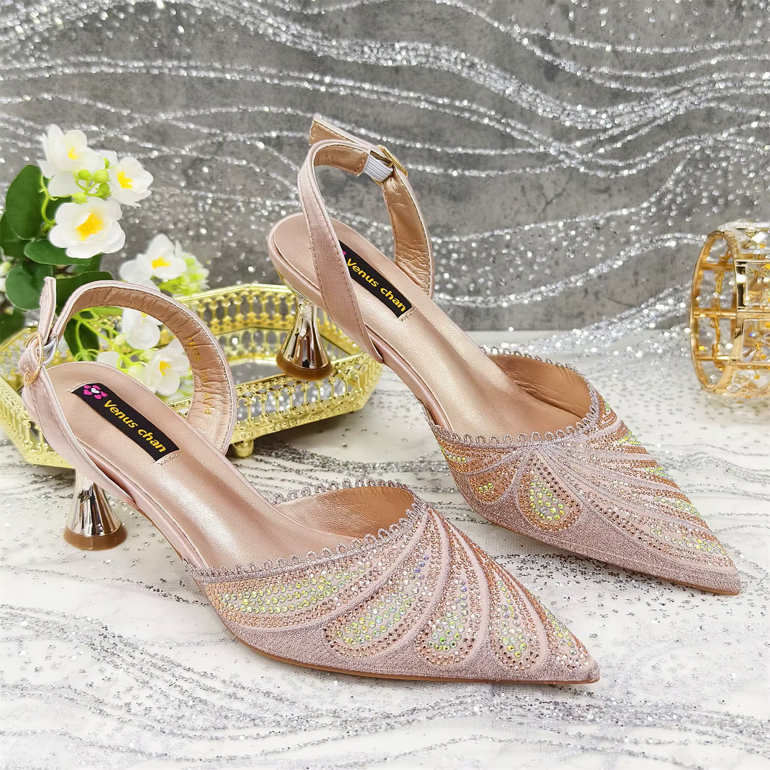 Diamond Studded Pointed Toe Party High Heels Gorgeous Shoes and Bag