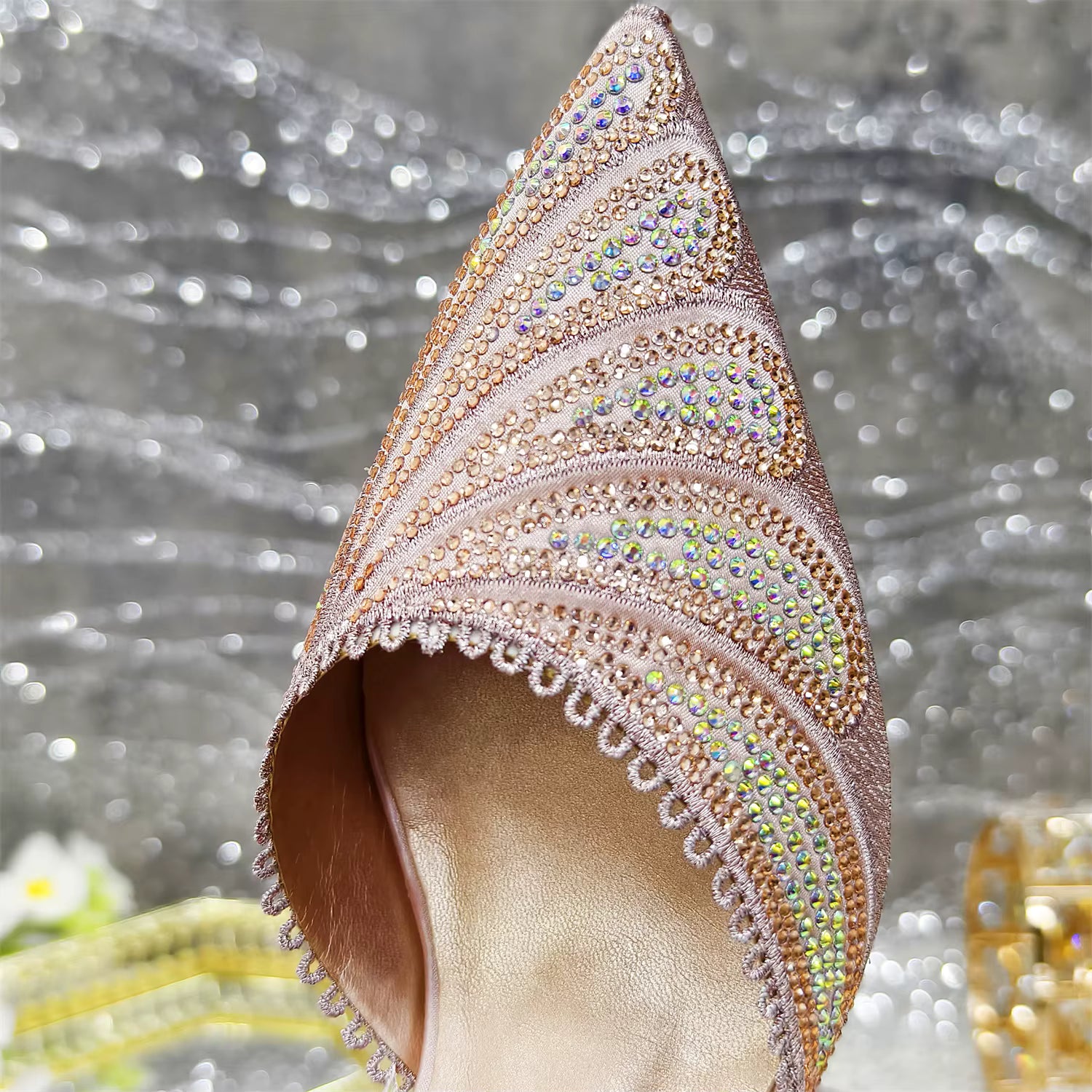 Diamond Studded Pointed Toe Party High Heels Gorgeous Shoes and Bag