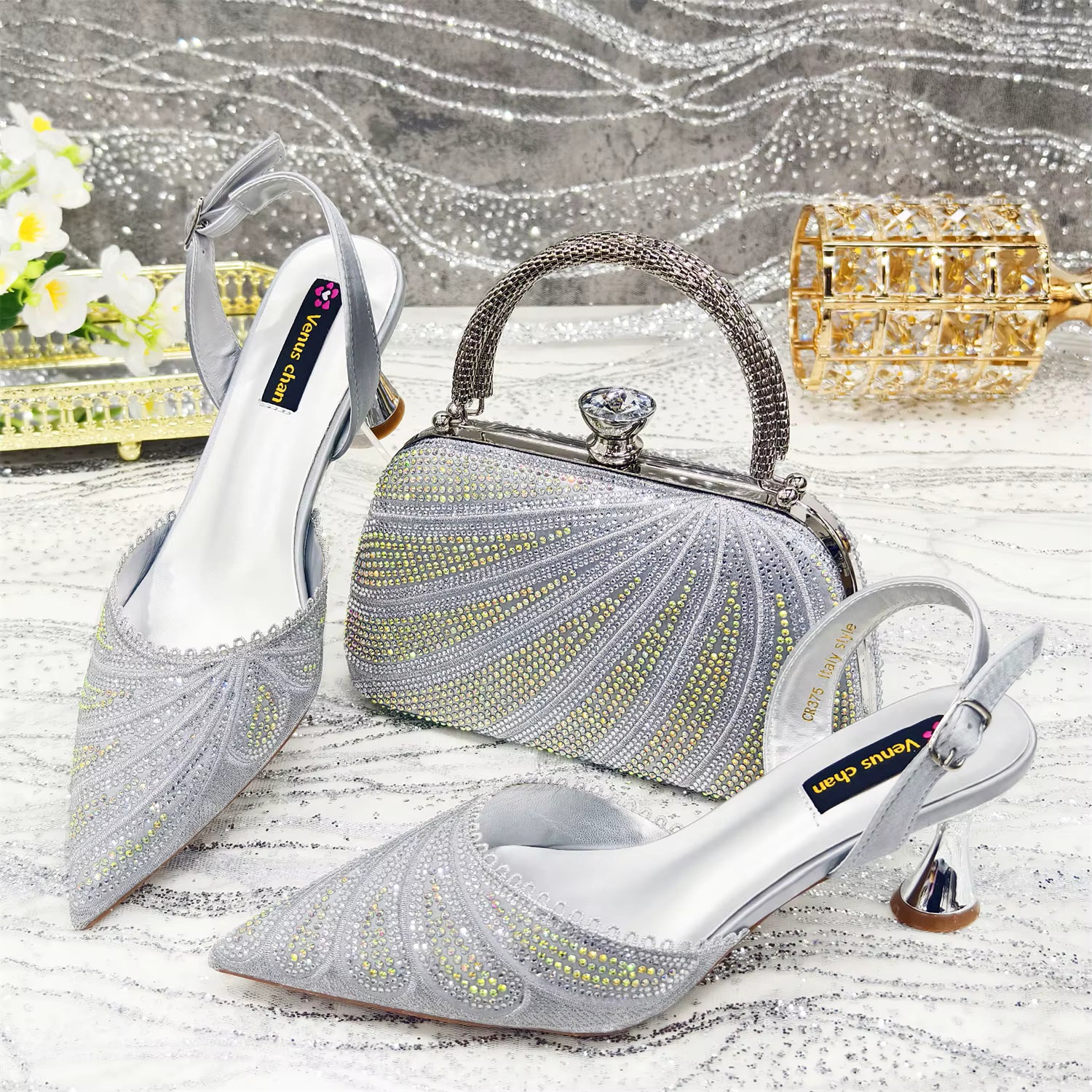 Diamond Studded Pointed Toe Party High Heels Gorgeous Shoes and Bag