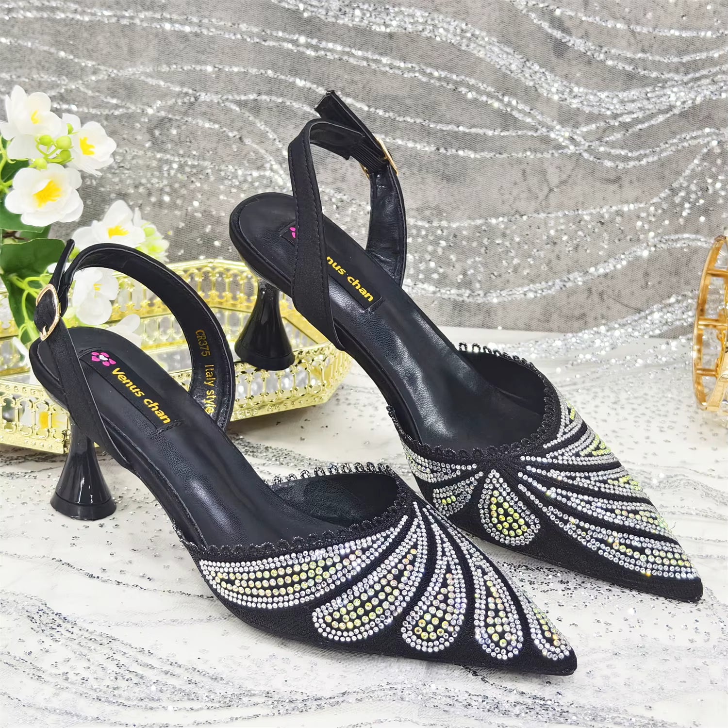 Diamond Studded Pointed Toe Party High Heels Gorgeous Shoes and Bag