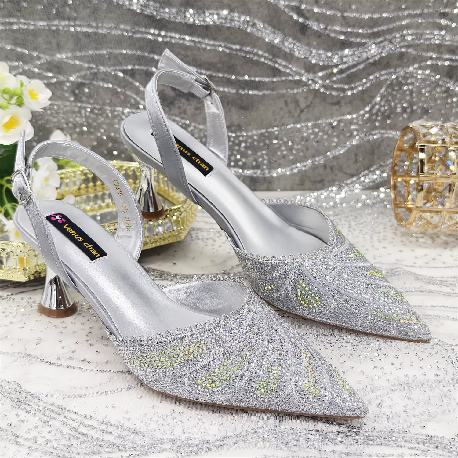 Diamond Studded Pointed Toe Party High Heels Gorgeous Shoes and Bag