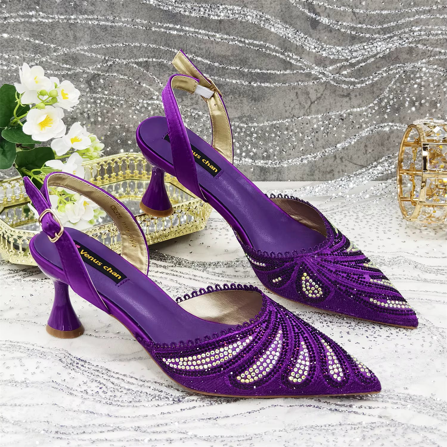 Diamond Studded Pointed Toe Party High Heels Gorgeous Shoes and Bag