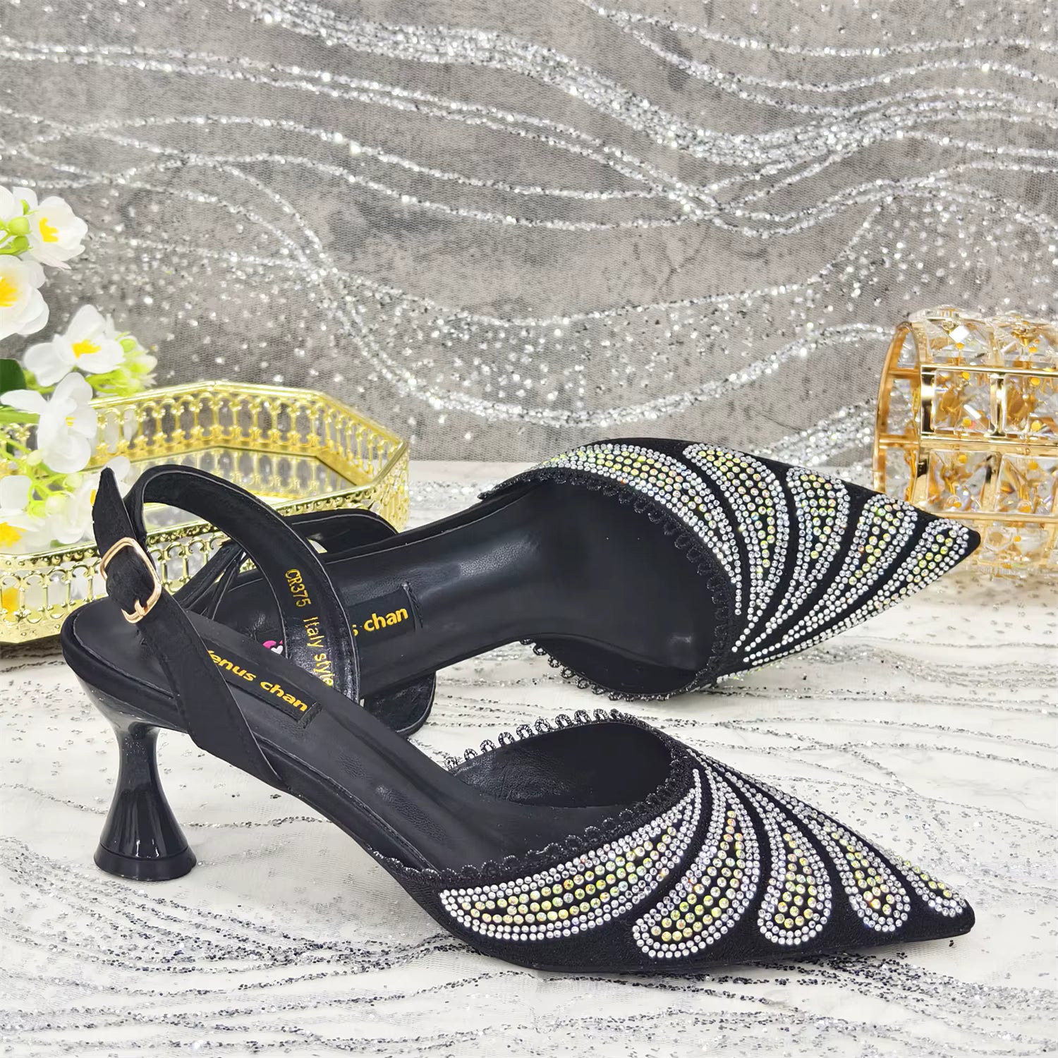 Diamond Studded Pointed Toe Party High Heels Gorgeous Shoes and Bag