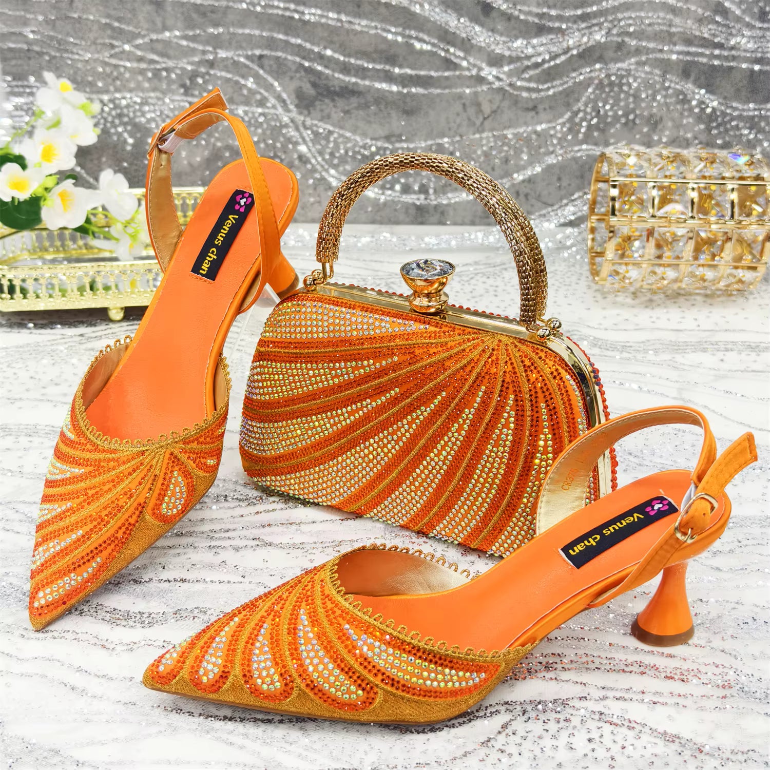 Diamond Studded Pointed Toe Party High Heels Gorgeous Shoes and Bag