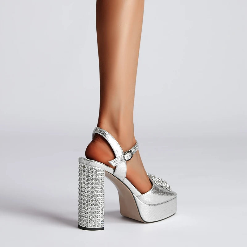 Diamond Thick Sole Waterproof Platform Open Toe Fish Mouth High Heel Sandals