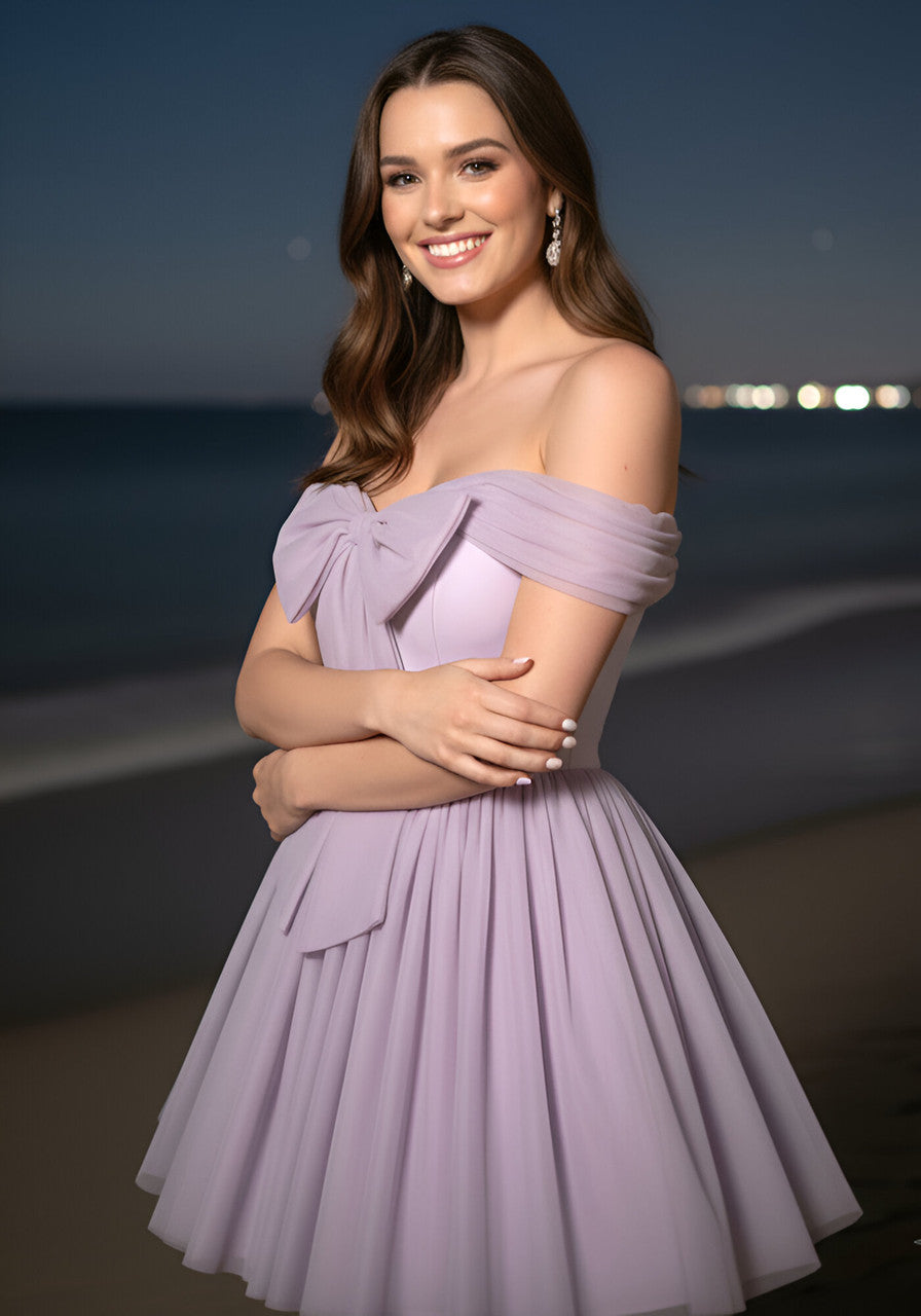 Draped Bardot Bow A Line Dress Lavender