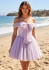Draped Bardot Bow A Line Dress Lavender
