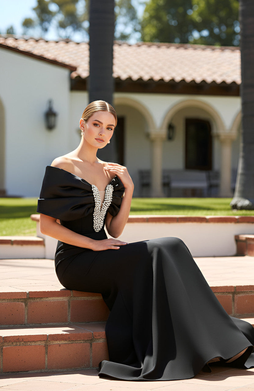 Draped Bardot Crystal Embellished Maxi Dress Black