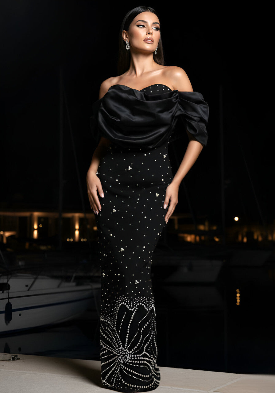 Draped Bardot Crystal Pearl Floral Maxi Dress Black