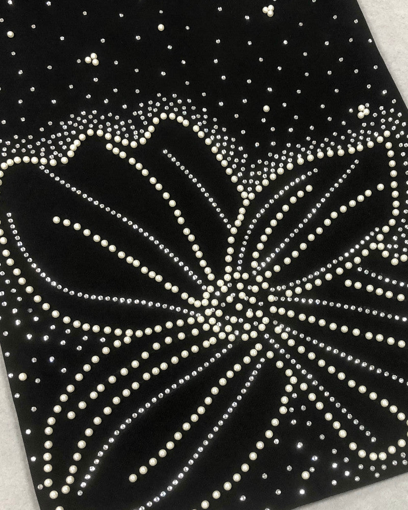 Draped Bardot Crystal Pearl Floral Maxi Dress Black