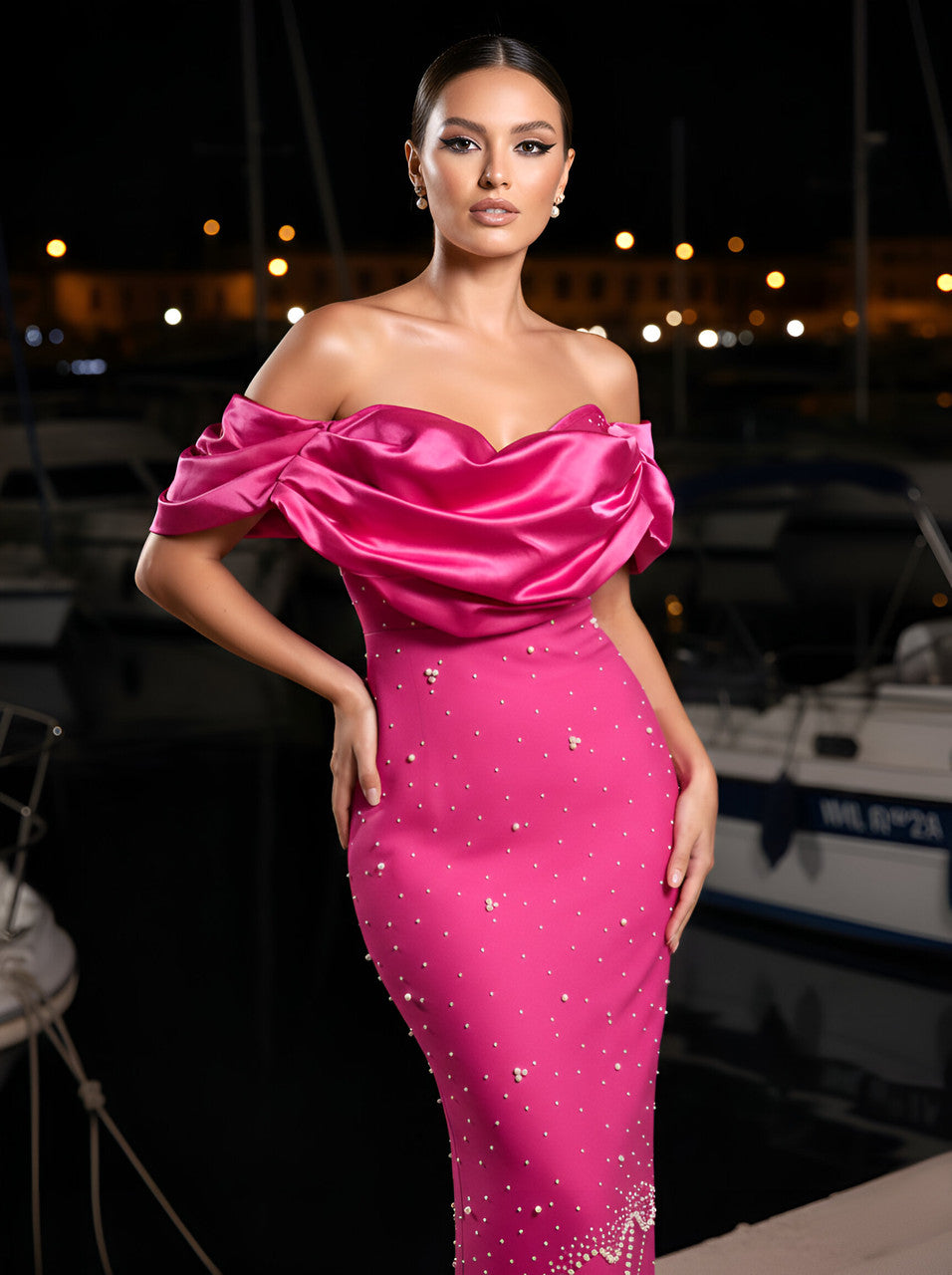 Draped Bardot Crystal Pearl Floral Maxi Dress Hot Pink