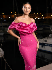 Draped Bardot Crystal Pearl Floral Maxi Dress Hot Pink