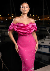 Draped Bardot Crystal Pearl Floral Maxi Dress Hot Pink