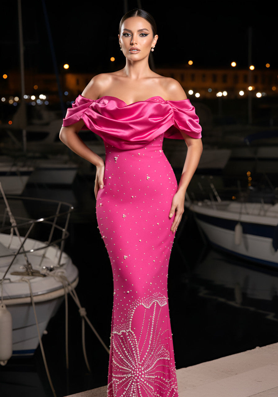 Draped Bardot Crystal Pearl Floral Maxi Dress Hot Pink