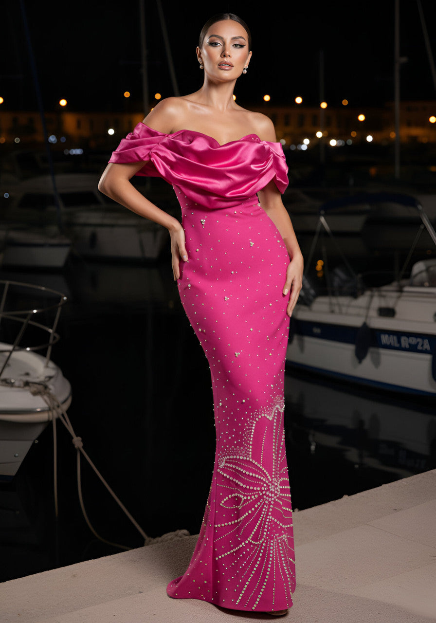 Draped Bardot Crystal Pearl Floral Maxi Dress Hot Pink