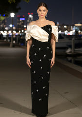 Draped Bardot Crystal Maxi Dress Black Ivory