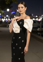 Draped Bardot Crystal Maxi Dress Black Ivory