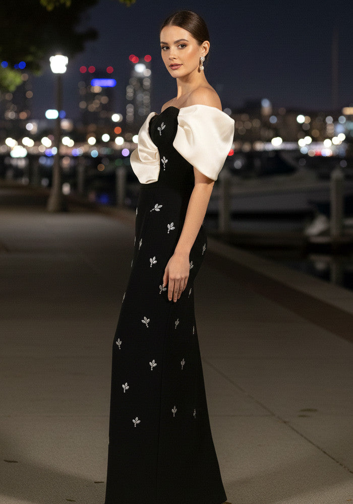 Draped Bardot Crystal Maxi Dress Black Ivory