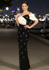 Draped Bardot Crystal Maxi Dress Black Ivory