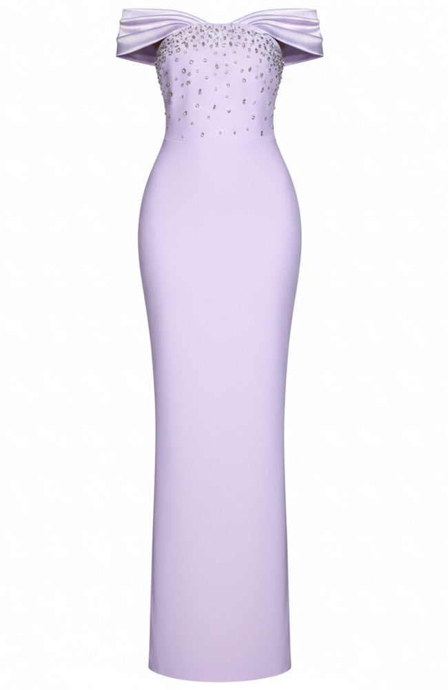 Draped Bardot Design Crystal Maxi Dress Lavender