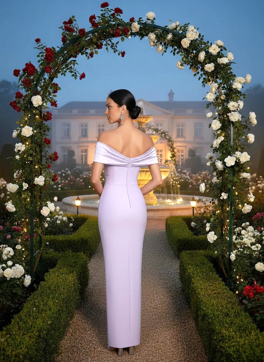 Draped Bardot Design Crystal Maxi Dress Lavender