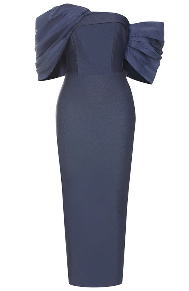 Draped Bardot Midi Dress Navy Blue