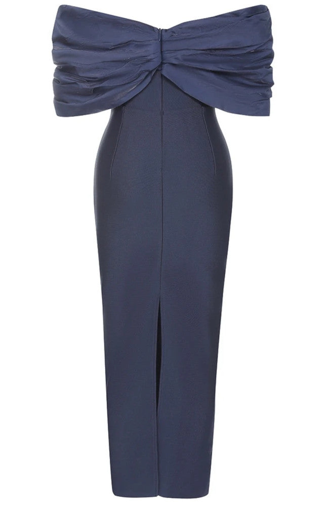 Draped Bardot Midi Dress Navy Blue