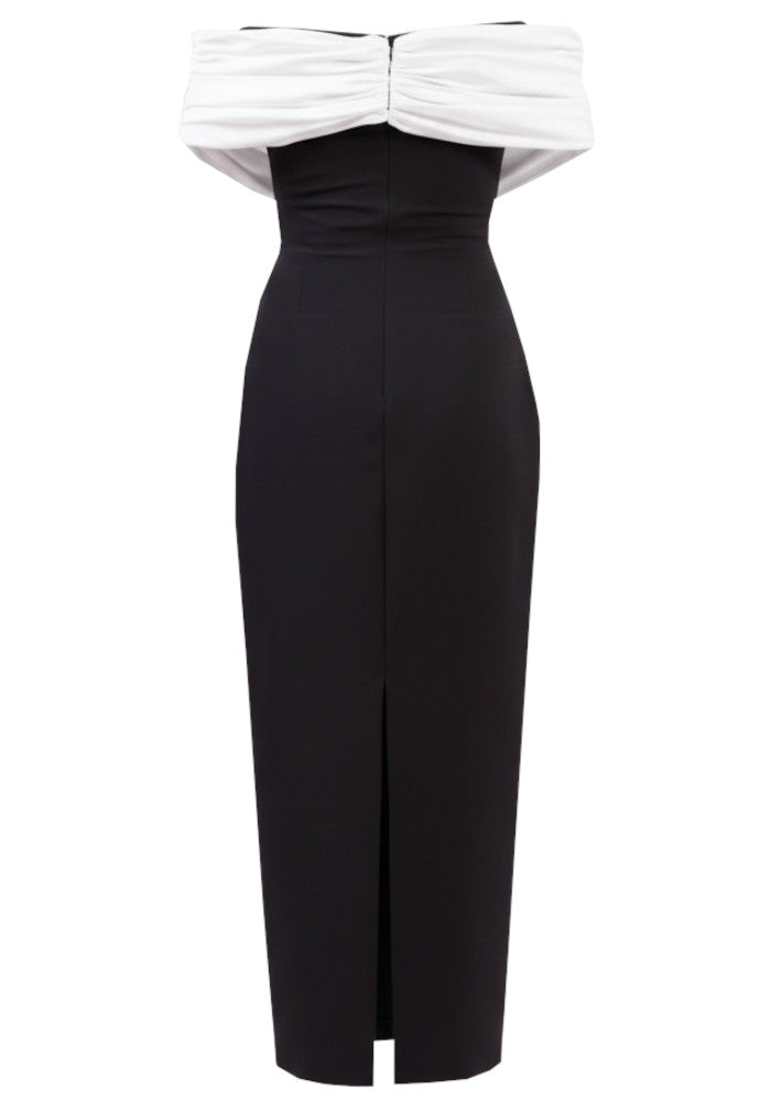 Draped Bardot Pearl Crystal Maxi Dress Black White