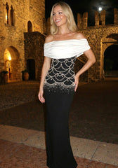 Draped Bardot Pearl Crystal Maxi Dress Black White