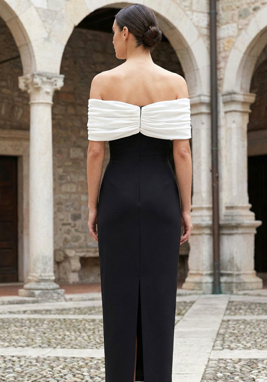 Draped Bardot Pearl Crystal Maxi Dress Black White