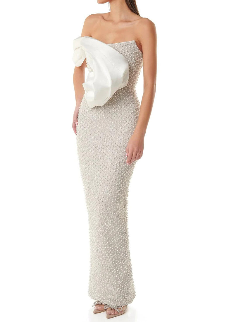 Draped Bardot Pearl Maxi Dress White