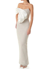 Draped Bardot Pearl Maxi Dress White