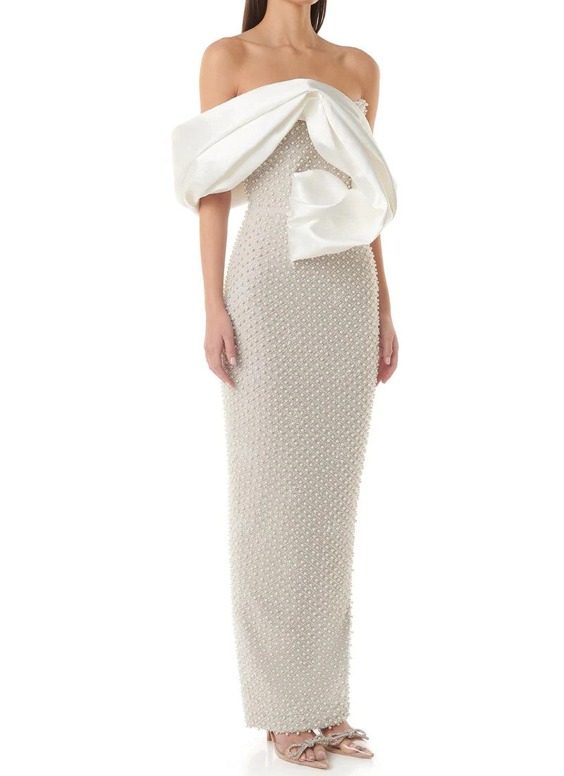 Draped Bardot Pearl Maxi Dress White
