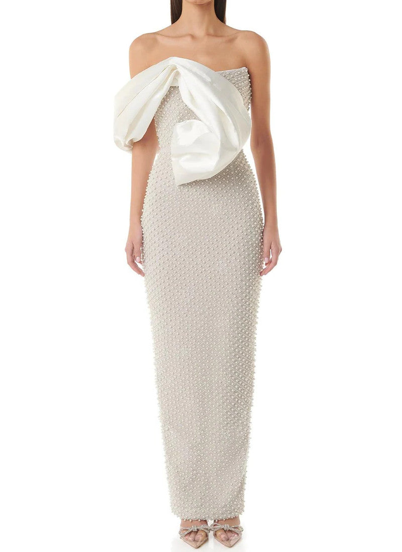 Draped Bardot Pearl Maxi Dress White