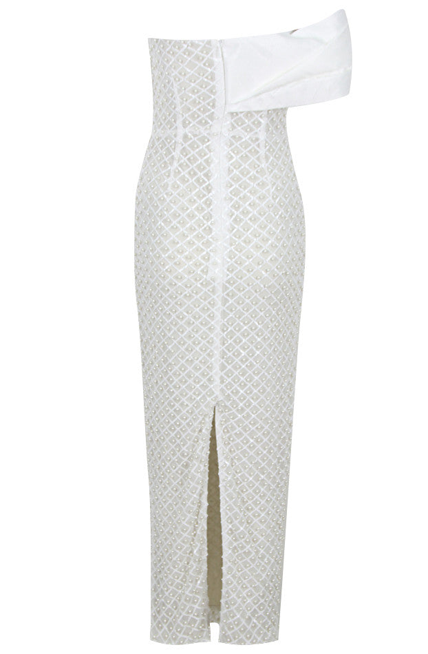 Draped Bardot Pearl Maxi Dress White