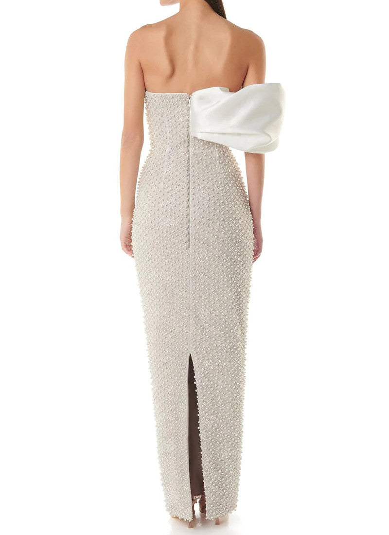 Draped Bardot Pearl Maxi Dress White