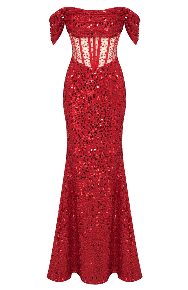 Bardot Draped Corset Sequin Maxi Dress Red