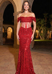 Bardot Draped Corset Sequin Maxi Dress Red