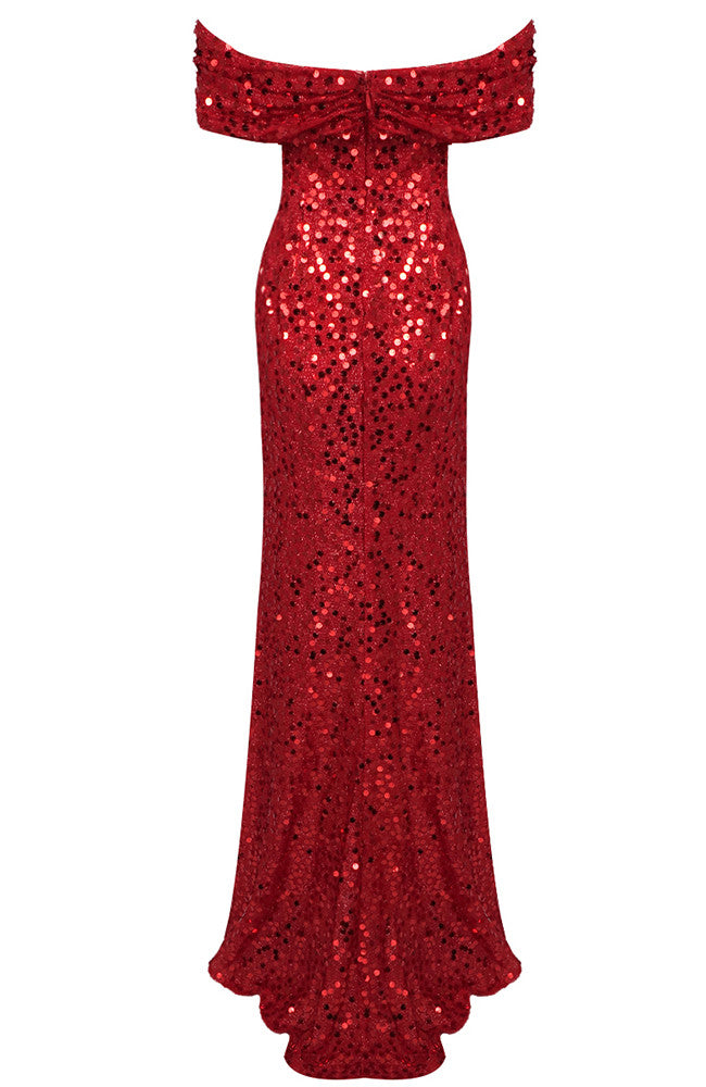 Bardot Draped Corset Sequin Maxi Dress Red