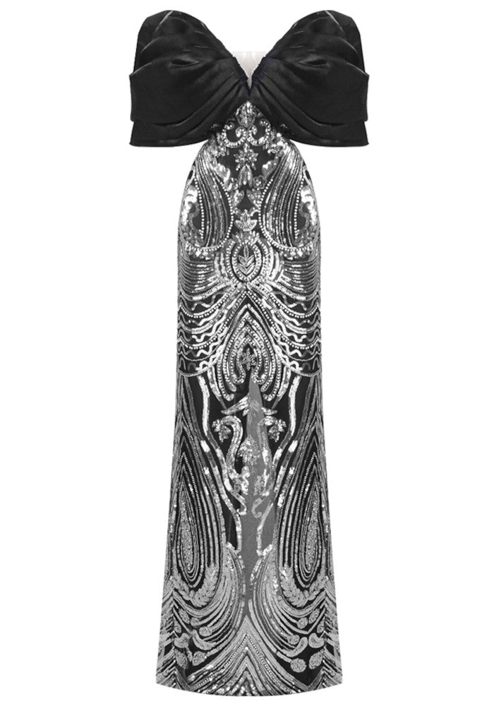 Draped Bardot Sequin Maxi Dress Black