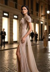 Draped Bardot Sequin Maxi Dress Peach
