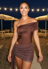 Draped Bardot Sparkly Dress Brown