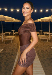 Draped Bardot Sparkly Dress Brown