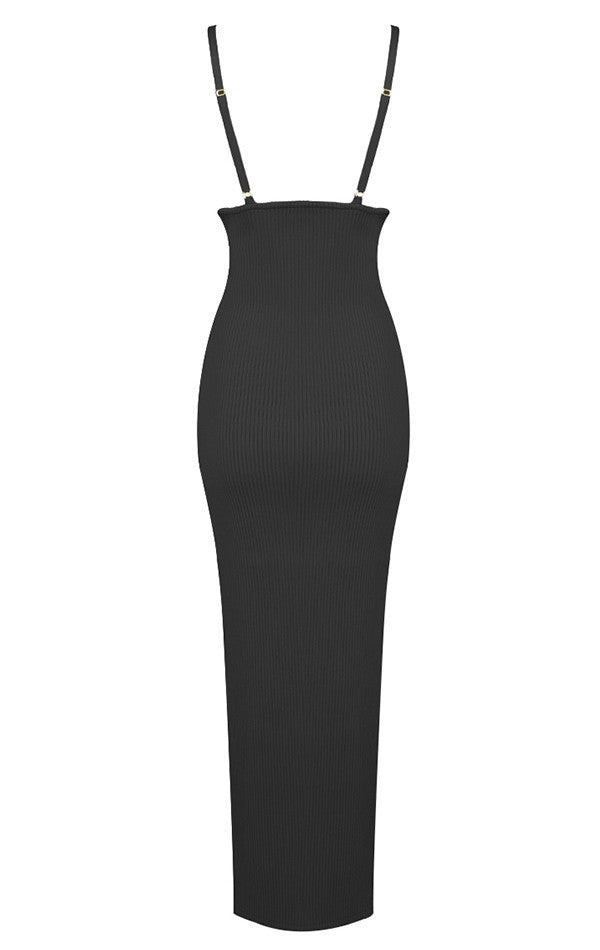 Draped Bustier Ribbed Midi Dress Black